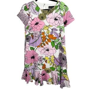Clover & Sloan, Sz. 4, White, Pink & Green Floral Shift Dress, Ruffle Hem, Retro